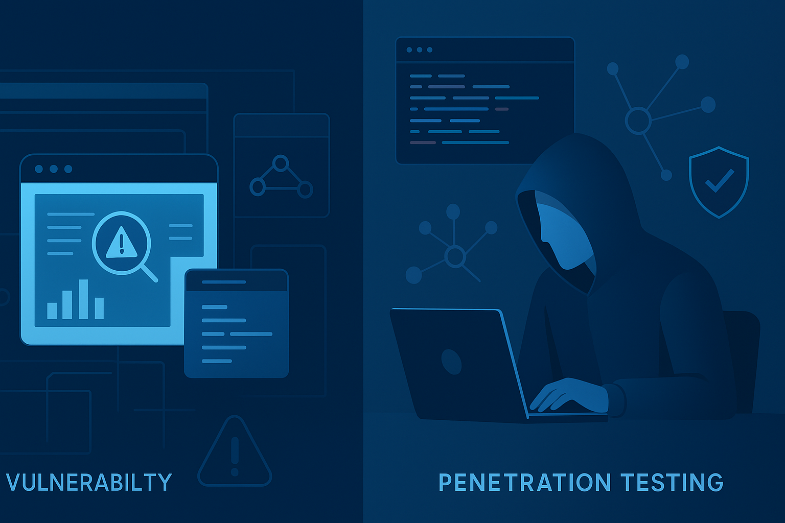 Vulnerability analysis and penetration testing concepts illustrated with icons and a hacker.